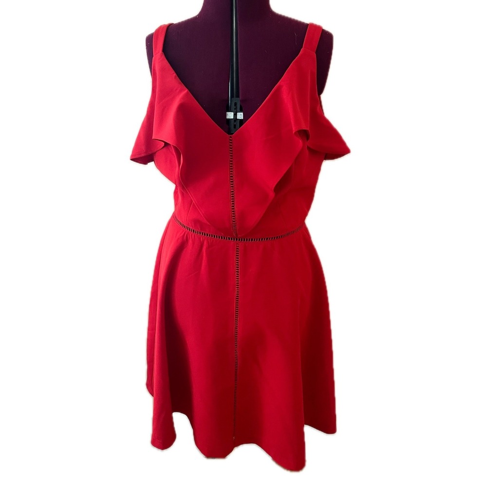 Adelyn Rae Red Ruffle V-Neck Fit and Flare Dress Ladder Stitch Lace NWT Medium